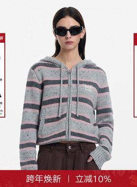 Called Back撞色条纹针织开衫外套女25秋冬新款宽松慵懒连帽毛衣