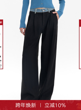 Called Back休闲裤女2025秋季新款拼接牛仔腰头显瘦直筒阔腿西裤