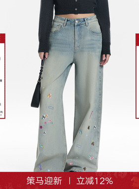 Called Back牛仔裤女2025秋冬季新款高腰修身饭团熊印花直筒裤子