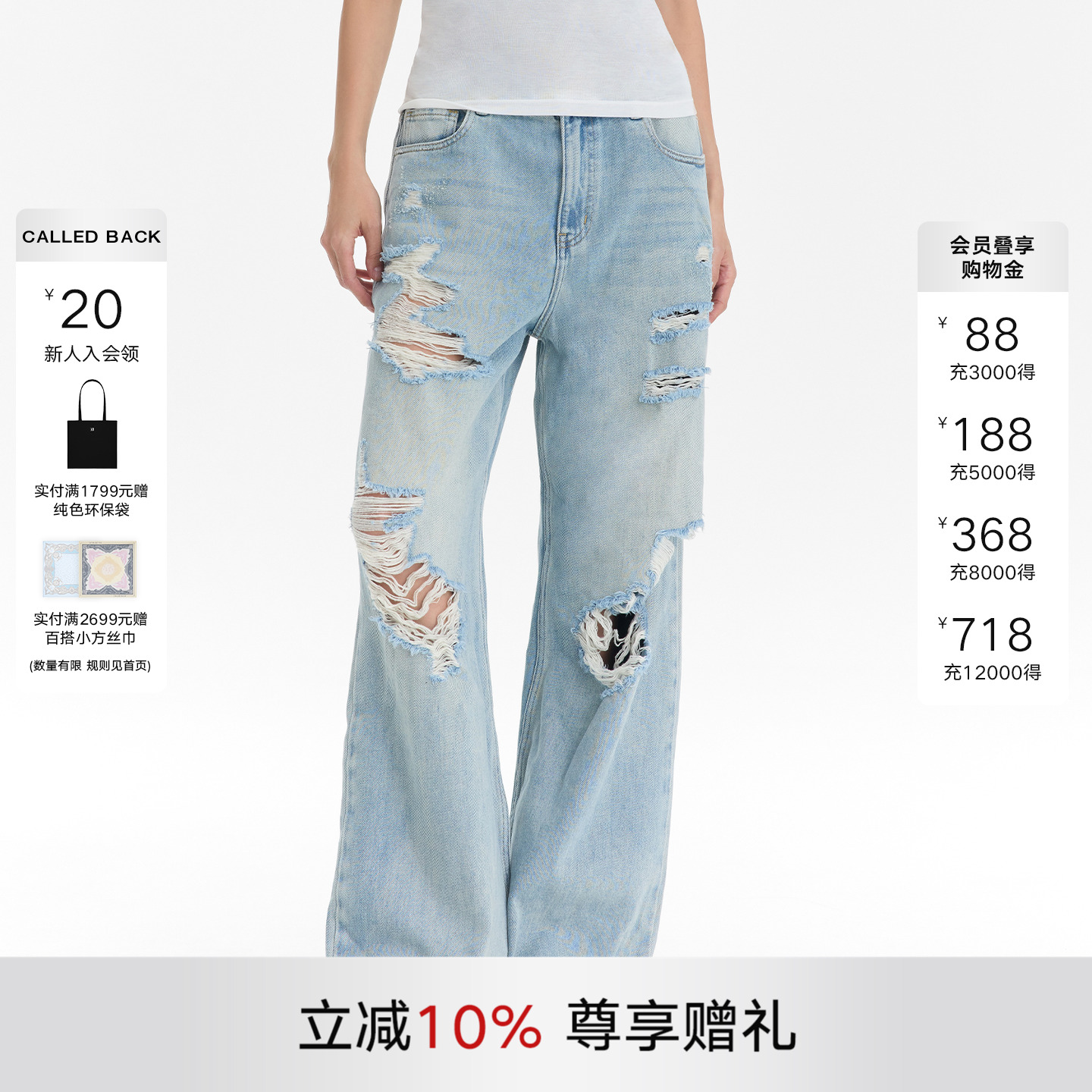 CalledBack破洞直筒牛仔裤