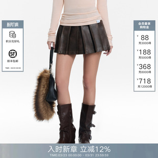 CALLED 美拉德皮短裙女复古棕色百褶裙半身裙 BACK2026春夏新款