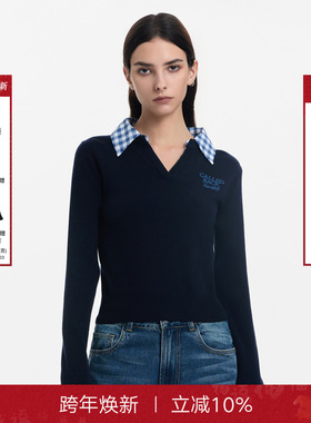 Called Back针织衫女2025秋季新款百搭显瘦格子拼接翻领长袖上衣