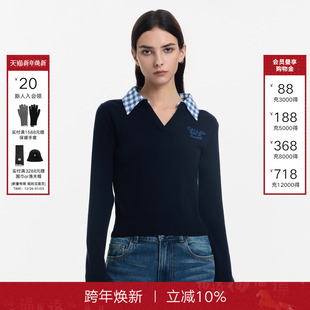 百搭显瘦格子拼接翻领长袖 Called 新款 女2025秋季 上衣 Back针织衫