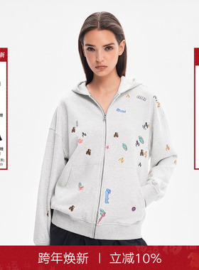 Called Back连帽卫衣外套女2025秋季新款饭团熊灰色拉链休闲上衣