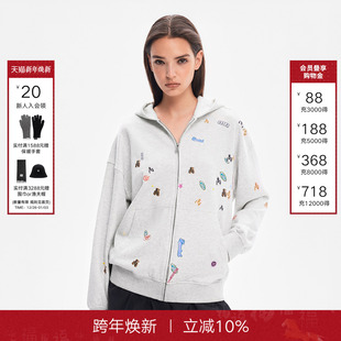 饭团熊灰色拉链休闲上衣 新款 Called Back连帽卫衣外套女2025秋季