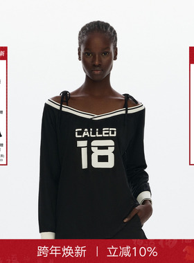 CalledBack长袖上衣2025秋新款V型一字肩字母印花系带街头卫衣女