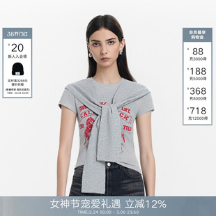 Called Back披肩绑带短袖T恤女2026年春夏新款灰色印花修身上衣