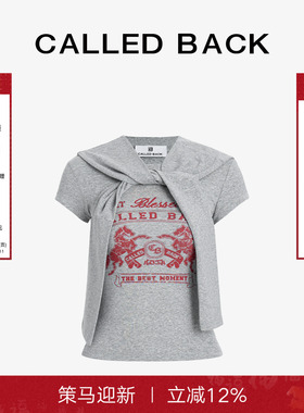 Called Back披肩绑带短袖T恤女2026年春季新款灰色印花修身上衣