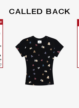 CALLED BACK黑色饭团熊印花短袖t恤女2025夏季新款设计感上衣