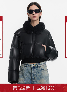 CALLEDBACK 黑色毛领亮面短款皮羽绒服女冬季高级感鹅绒夹克外套