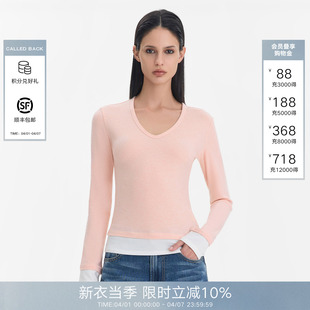 Called T恤女2026春夏新款 撞色休闲简约针织V领修身 上衣 Back长袖