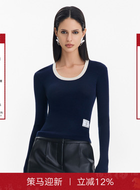 CALLED BACK简约撞色圆领修身显瘦针织上衣女秋冬内搭长袖打底衫