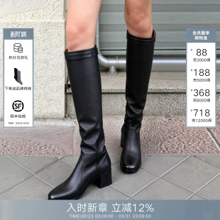 Back黑色高筒靴女26新款 Called 中跟增高皮质长靴 徐艺洋同款