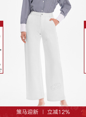 Called Back白色牛仔裤女秋2025新款高腰烫钻饭团熊宽松直筒长裤