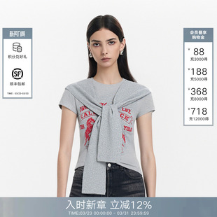 灰色印花修身 T恤女2026年春夏新款 上衣 Back披肩绑带短袖 Called
