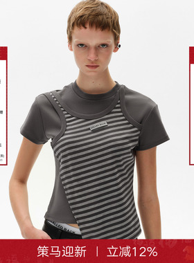 CalledBack短袖T恤女2025夏季新款设计感条纹绑带假两件短款上衣