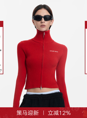 Called Back红色针织开衫女2025秋季新款双拉链立领修身毛衣外套