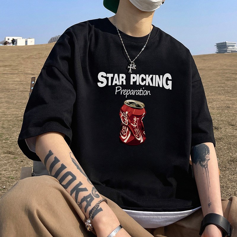 现货白色短袖男款夏季2024新款青少年冰丝重磅可乐印花初中生T恤