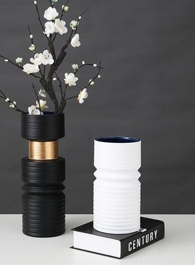 北欧黑金色轻奢花瓶摆件几何陶瓷乾燥花器样板间客厅桌面艺术感摆