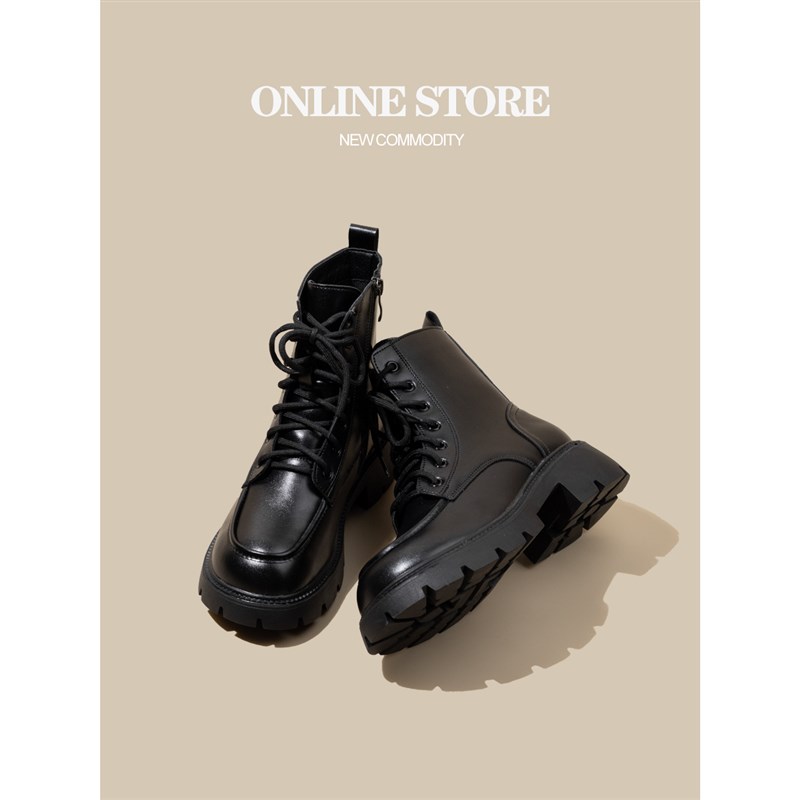 马丁靴女厚底2023新款秋冬季短筒侧拉炼松糕底增高显瘦英伦短靴子