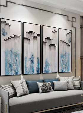 好货新中式徽派建筑客厅装饰画民宿茶室禅意水墨四联挂画蓝色玄关