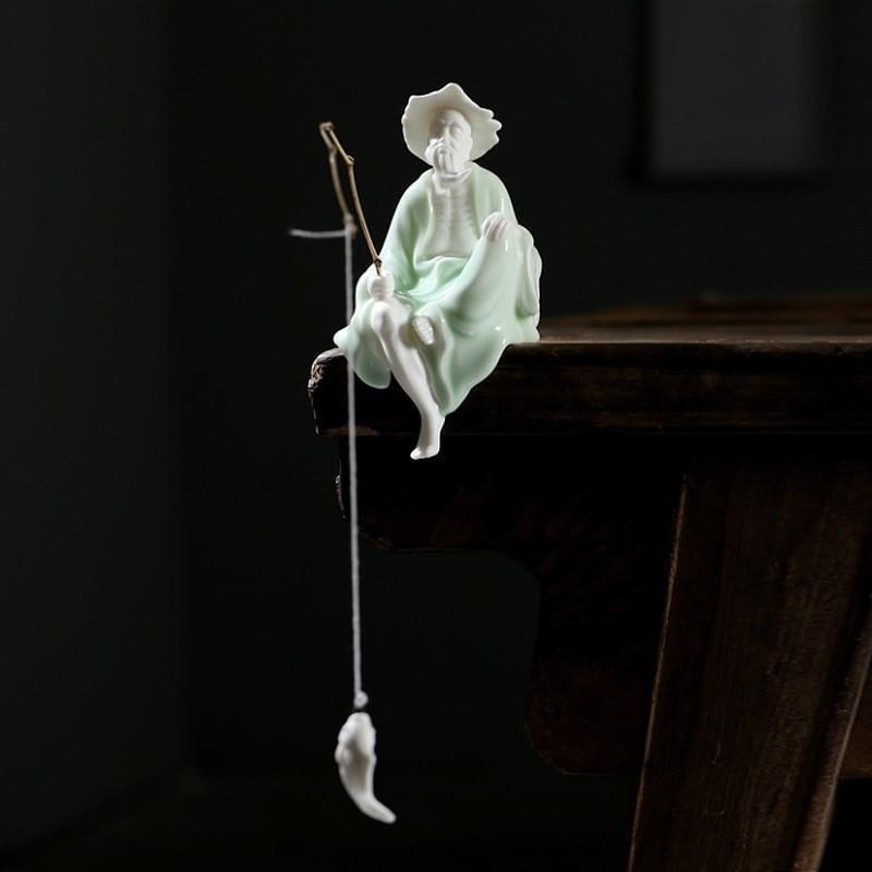 姜太公钓鱼摆件微景观陶瓷钓鱼渔翁人物鱼缸水族箱流水器造景装饰