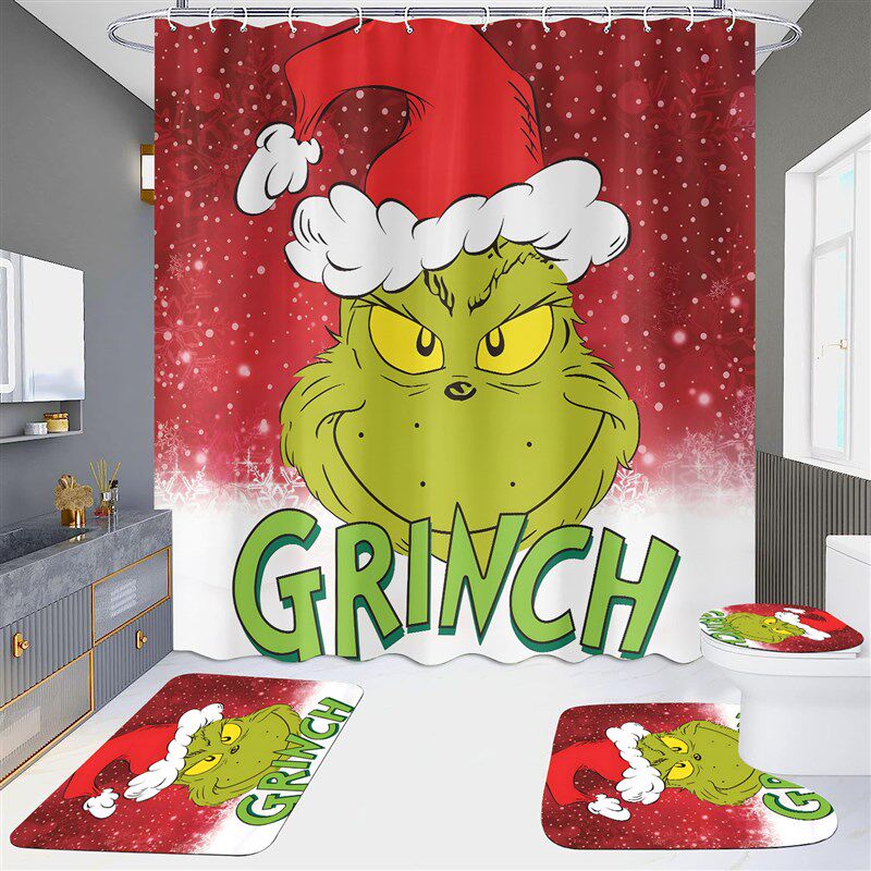 速发帘头跨境防清圣诞节浴帘四件套高水免打孔浴室酒店隔断源数码