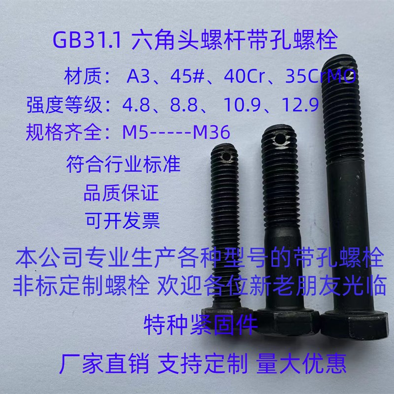 速发GB.1 六角头螺杆带孔螺栓 8.8级 黑色 M6--M48打孔螺栓