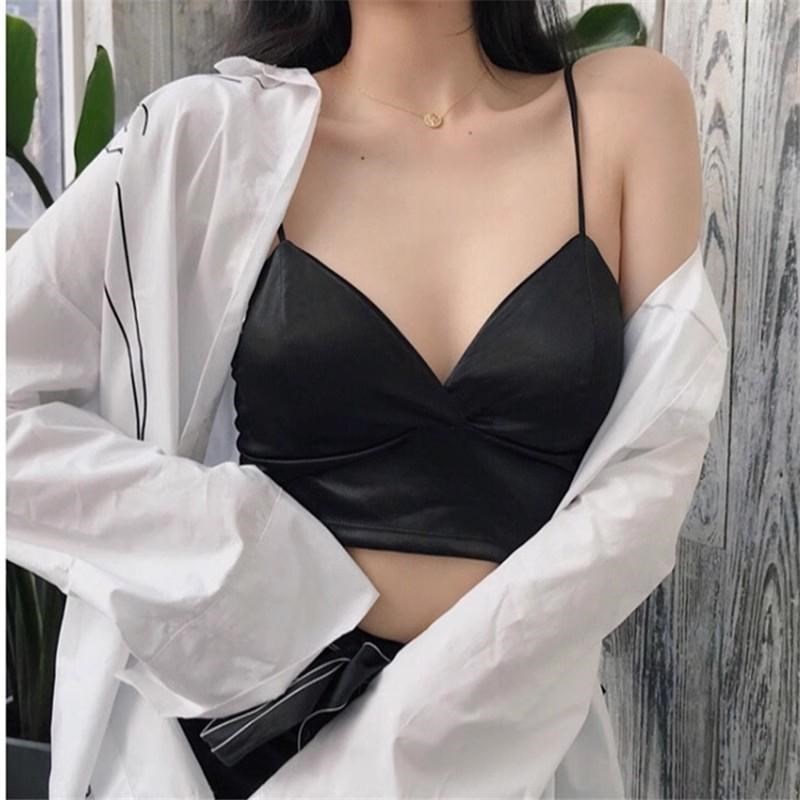 速发黑色v领性感辣妹吊带背心打底带胸垫小内搭短款抹胸上衣潮