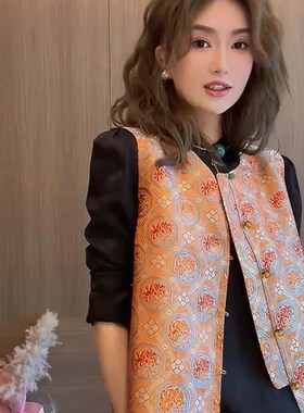 速发古年流行的马夹秋冬季中式国盘复今提花风扣上衣坎肩背心马甲