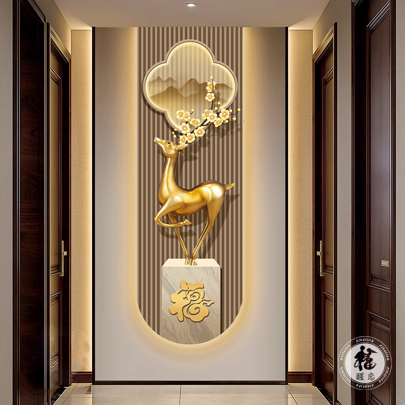 现货速发新中式福鹿入户玄关灯画装饰画轻奢走廊过道客厅福字发光图片