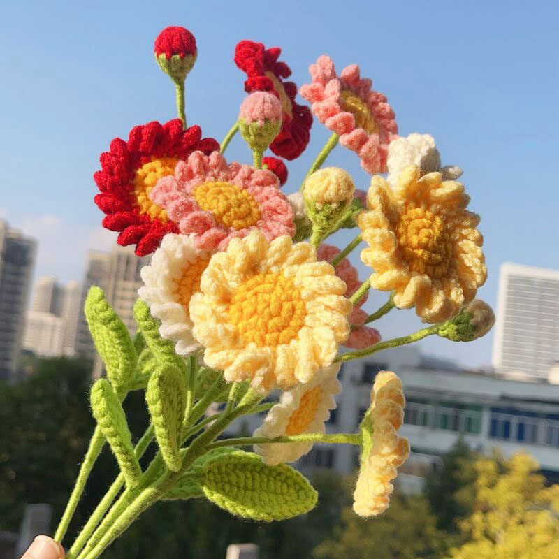 速发白色雏菊花毛线编织手钩花束装饰手工花送生日情人节8节教师