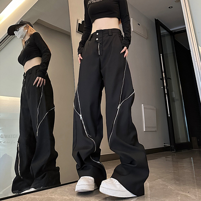 速发运锋休闲冲动裤计025新款直筒黑色裤子小众设2感拖地高腰阔腿