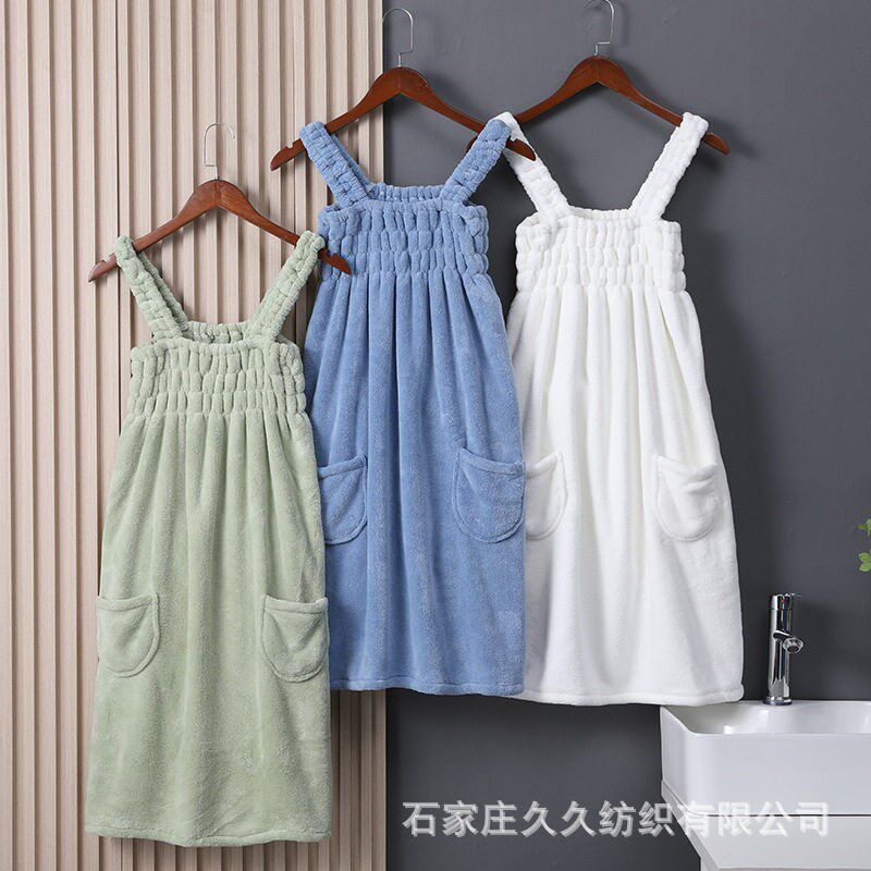 速发202新品珊瑚绒浴裙吊带浴裙洗澡抹胸可穿浴裙吸水干发帽两件
