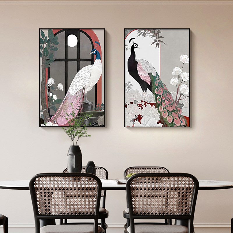 速发孔雀开花卧室床头装饰画风高级感沙发背景墙壁画创意餐厅挂画图片