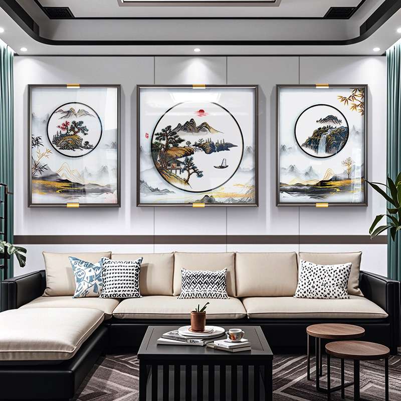 苏绣沙发背景墙装饰画新中式家居美学高端刺绣壁画客厅山水挂画图片