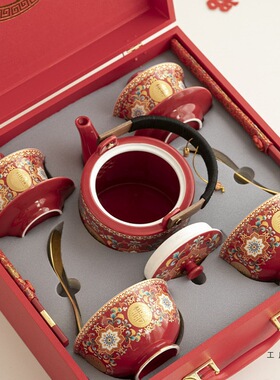 珐琅彩敬茶杯 新婚碗筷套装中式陪嫁茶具红色盖碗 结婚改口喜茶杯