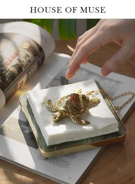 缪斯家 真黄铜！ 金龟 皇家绿大理石复古纸巾架客厅桌面装饰摆件