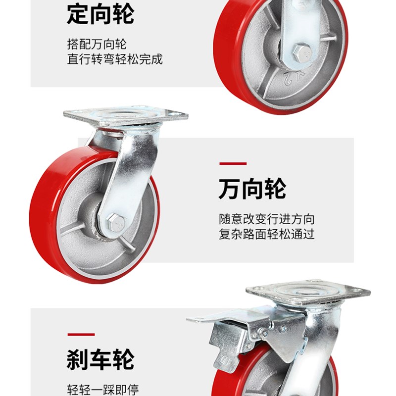 中重型3/4寸5寸6寸8寸铁芯聚氨酯PU万向轮承重耐磨静音推车脚轮