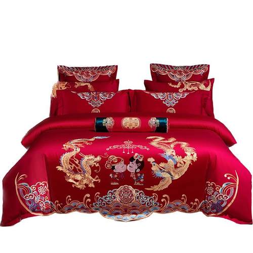 婚庆四件套龙凤刺绣被套新婚陪嫁结婚六件套床上用品大红婚礼喜被