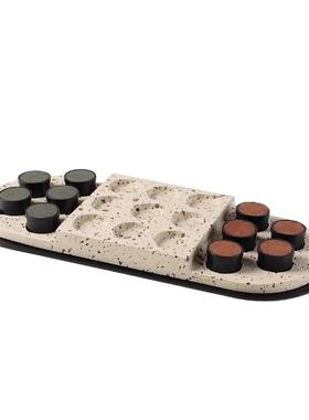 现代简约轻奢棕红胭脂摆件皮革棋子棋盘茶室书房桌面家居装饰品摆