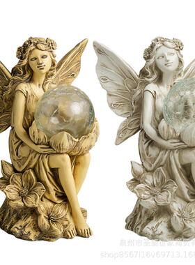 欧式新品花仙子捧水晶球树脂复古天使工艺品客厅摆件小夜灯摆件