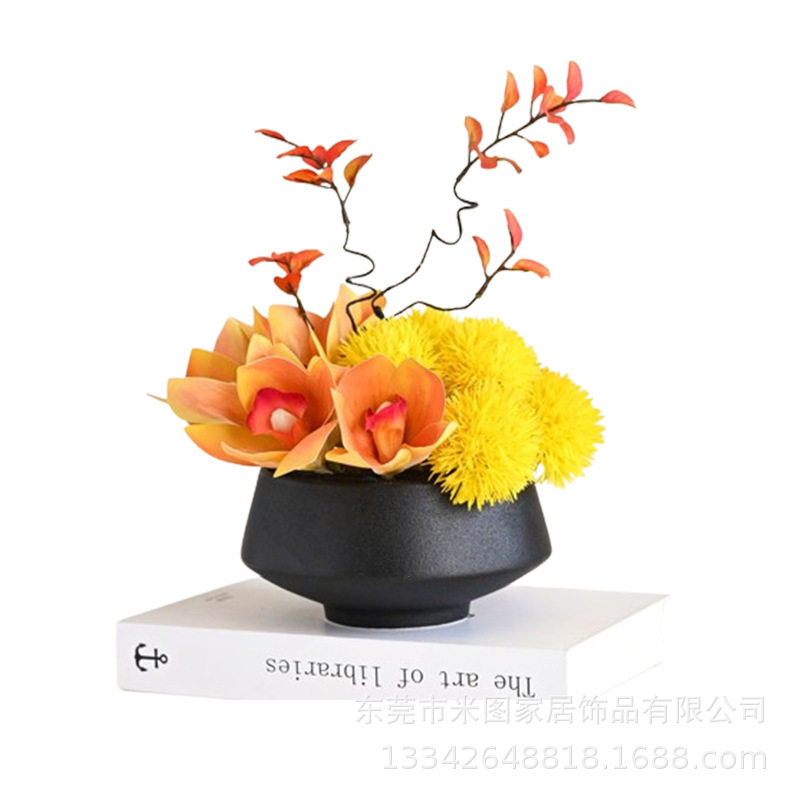 高档酒店餐厅大圆桌转盘中间摆花餐桌花仿真花轻奢装饰摆件微景观