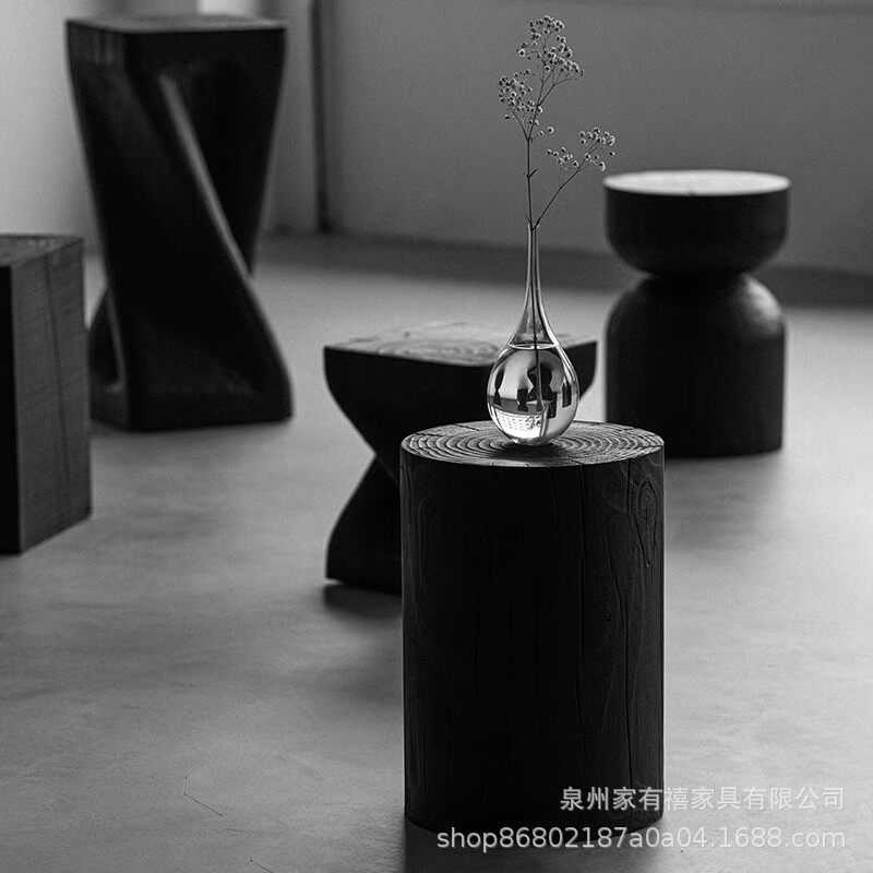 实木墩子碳化原木茶几民宿设计师矮凳黑色创意摆件床头边日式家具