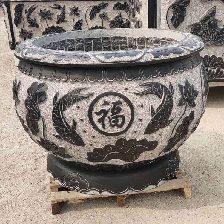 仿古做旧青石荷花福字石雕鱼缸