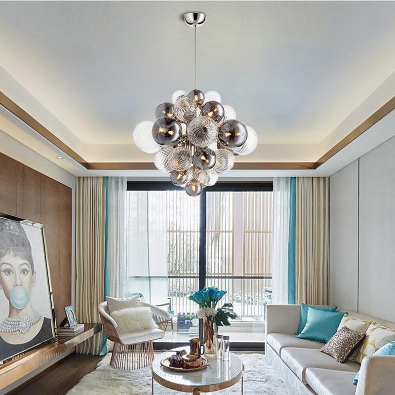 轻奢菱形烟灰色玻璃泡泡球客厅吊灯铁艺北欧葡萄卧室餐厅展厅灯具