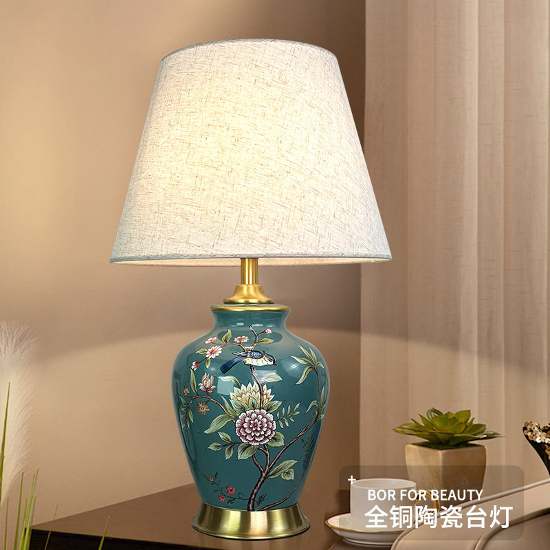美式复古全铜花鸟陶瓷台灯