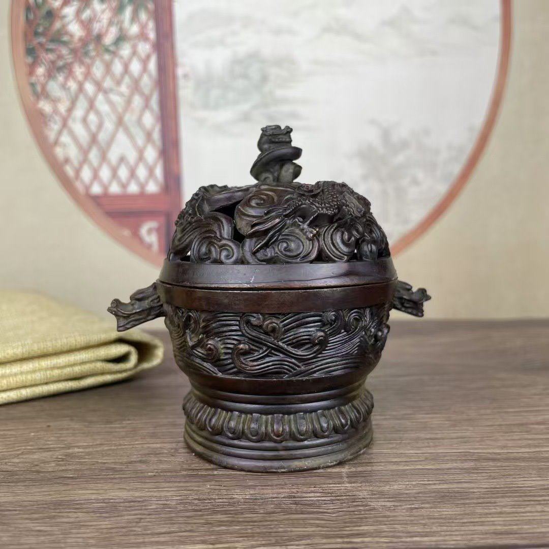 铜仿古莲花底祥云双龙开盖炉镂空檀香熏香炉创意居家摆件文玩铜器