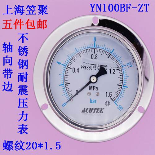 轴向带边 不锈钢耐震压力表YN100BF-ZT 1.6MPA M20*1.5 材质304