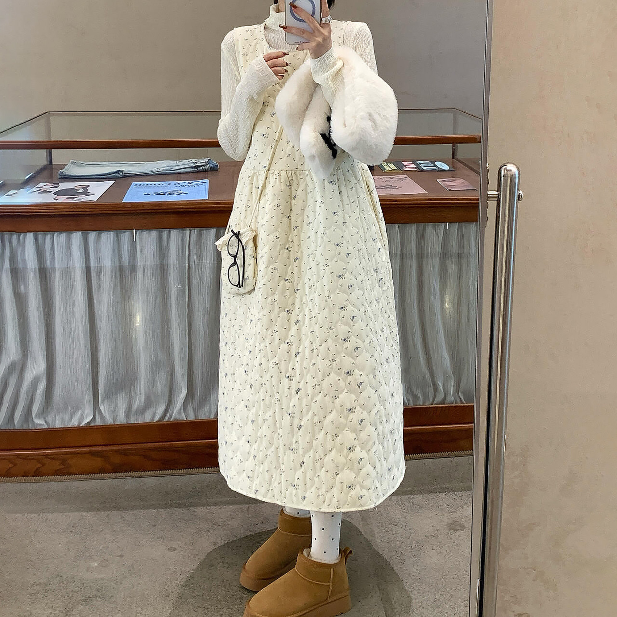 冬季新款夹棉长裙三件套女甜美森系连衣裙纯色打底衫配包包